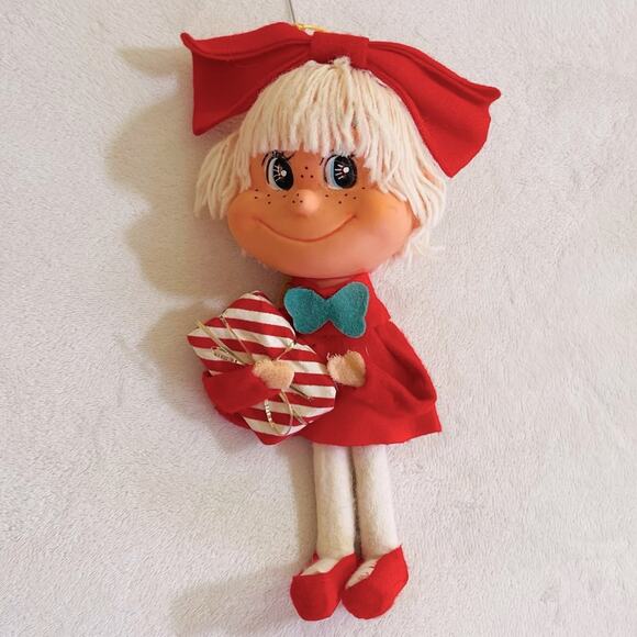 Vtg Girl Pixie Rubber Yarn Felt Cloth Bow Christmas Ornament, Doll Dress Present - Picture 2 of 4